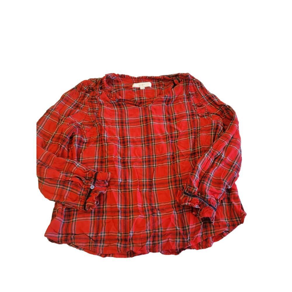 Loft‎ Holiday Plaid top Large ruffle cuffs